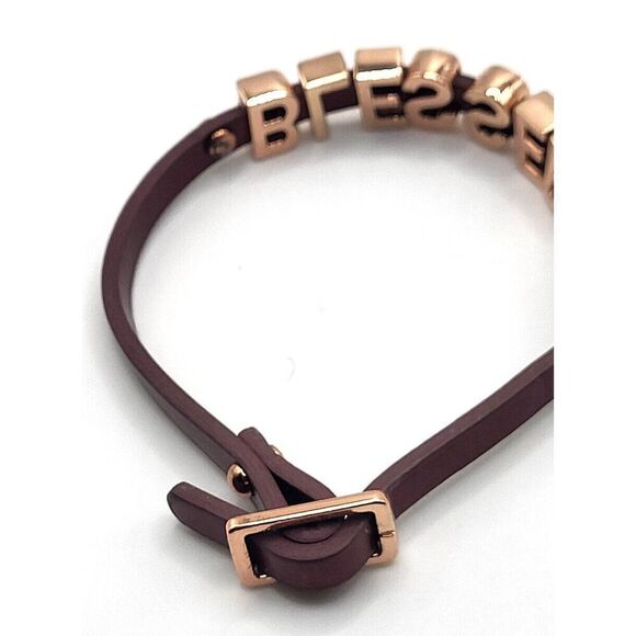 Vegan Leather "Blessed" Gold and Maroon Bracelet 8.5 - Picture 2 of 2